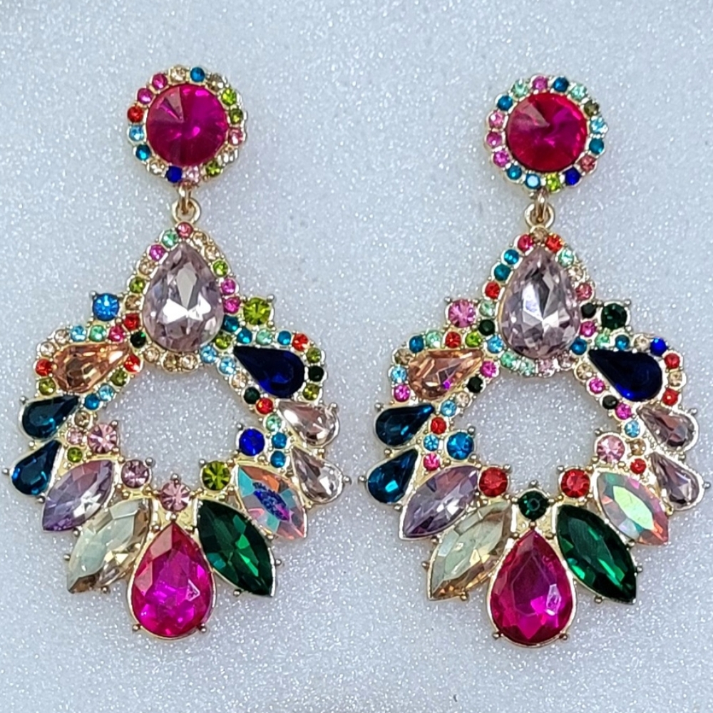 Multicolor Rhinestone Statement Drop Earrings New - Picture 3 of 3